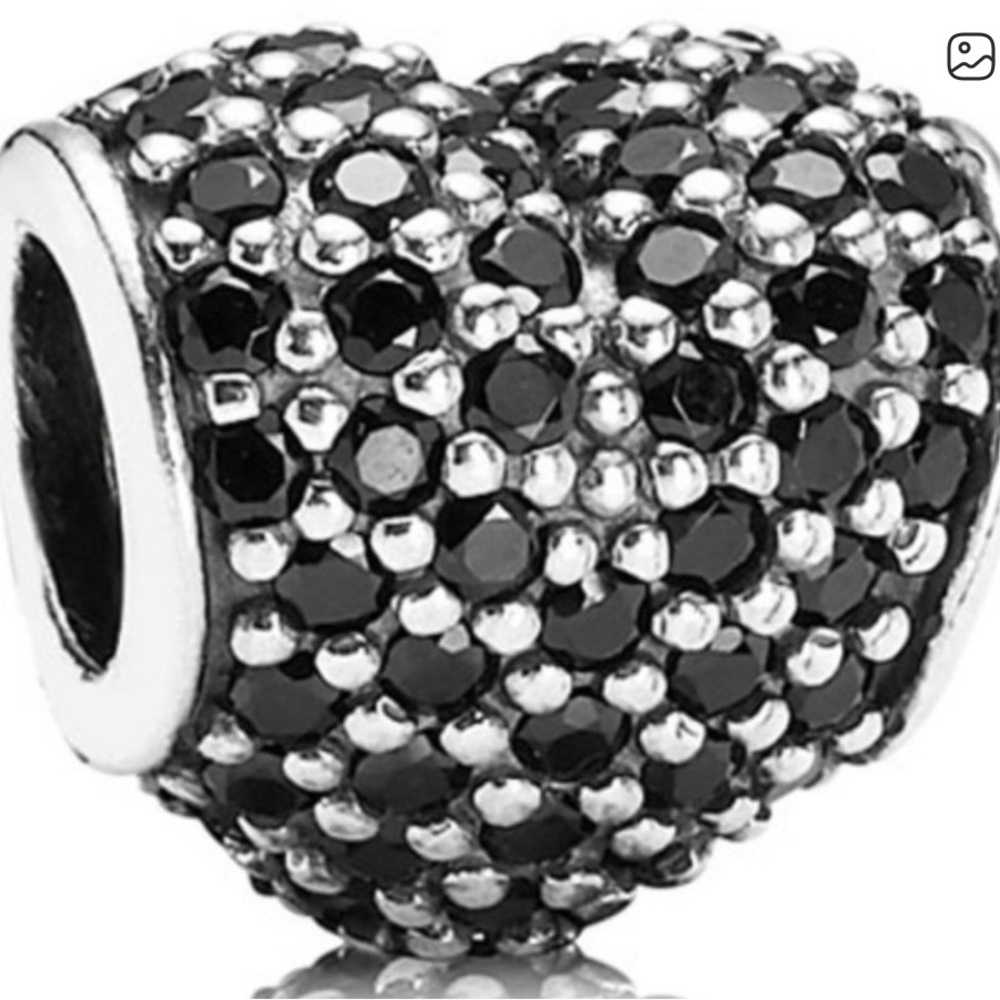 Pandora Sterling  Silver Heart Pave Heart Bead with Black CrystalsCharm